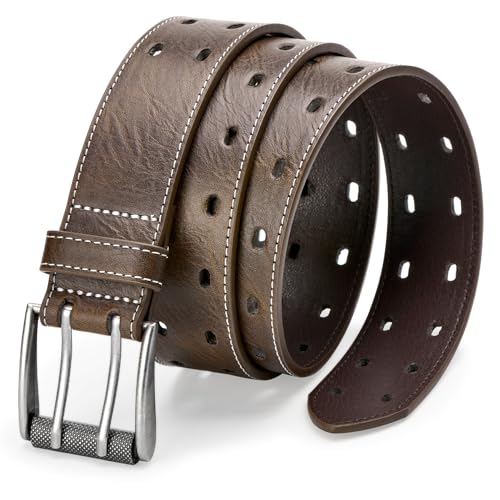 Men's Leather Fashion Double Prong Belt Classic Casual Heavy Duty Work Belts For Jeans Pants