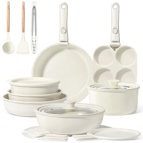 Image of GiPP Pots and Pans Set Detachable Handle Cookware Sets Kitchen Cooking Set | Non Stick,Healthy,Non Toxic,PFAS PFOA & PTFE Free, Dishwasher &Oven Safe, All Stoves are Compatible,Big Size,21PCS, Cream