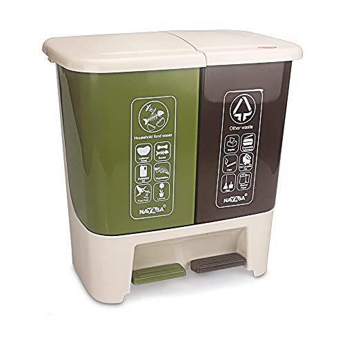Image of Nayasa 2 in 1 Pedal Dustbin Bold - 25 L (12.5 L Each) | Twin Compartment Wet & Dry Waste Bin | Durable Plastic Pedal Bin for Home, Kitchen & Bathroom | Brown & Green