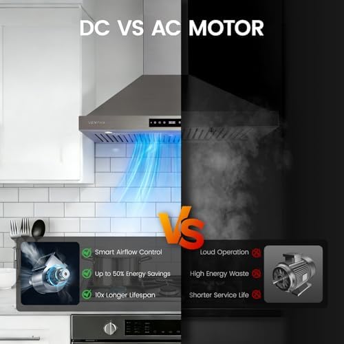 VENFAN 36 Inch Wall Mount Range Hood, 1200 CFM Stainless Steel Kitchen Vent Hood with Gesture Control, 8-Speed Fan, Delay Shut-Off Timer, Ducted/Ductless Convertible, Charcoal Filter Included — view 3