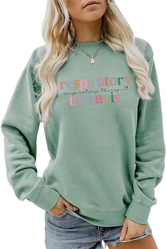 Hapwalyn Respiratory Therapist Sweatshirt, Retro Crewneck Sweater Women Pullovers Funny Respiratory Therapy Shirts Grad Gifts, Green, S