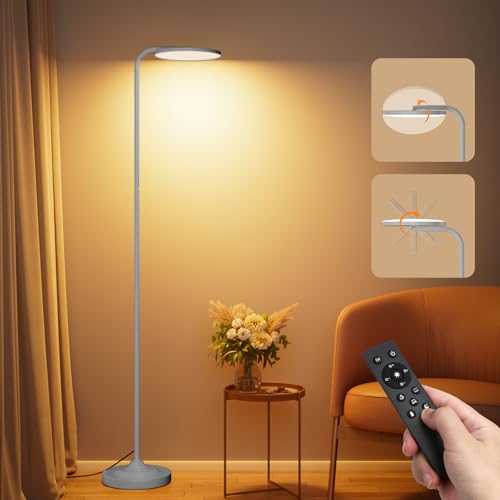 SIBRILLE LED Stehlampe Wohnzimmer, 36W Superhelle Moderne Stehlampe Dimmbar mit Fernbedienung, 3000K-6000K Deckenfluter LED Leselampe Standleuchte Stehleuchte für Wohnzimmer Schlafzimmer Büro, Silber