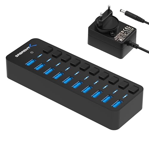 SABRENT Hub USB Alimenté,10 Port Docking Station 5 Gbps, 12V/5A 60W Adaptateur Alimentation, Port...