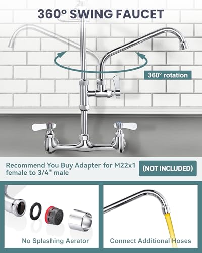 Image of 36 inch Height Commercial Faucet Wall Mount with Sprayer 8 inch Adjustable Center 10 inch Swing Spout, Kitchen Sink Faucet with Pull Down Pre-Rinse Sprayer for Restaurant Industrial Kitchen, Chrome