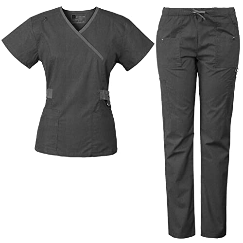 Medgear Luna Women's 4 way stretch Crossover Neckline Contrast Top Slim Leg Pant scrub Set (heather charcoal, l)