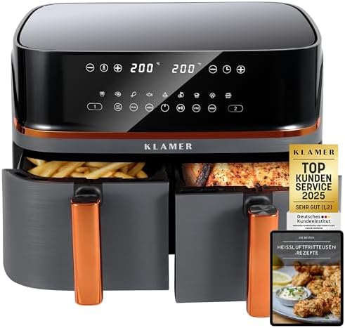 KLAMER Heißluftfritteuse Duo 9 L, beide Körbe werden gleichzeitig fertig | 2 Kammern mit je eigenem Timer, Temperatur und Programm. Match kopiert Einstellungen, Sync stimmt die Fäc