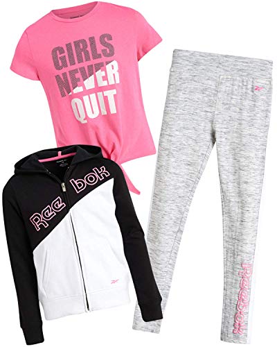 Reebok Girls Athleisure Pant Set with Fleece Hoodie, T-Shirt, and Leggings (3 Piece), Size 8, Black/White/Pink/Grey