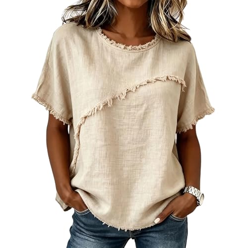 Linen Shirt Women 2026 Summer Fringe Retro Crewneck Short Sleeve Top Lightweight Casual Cozy Cotton Gauze Shirts Y2k Holiday Frayed Shirts Raw Edge Hem Beach Clothess Blusas De Lino para Mujer