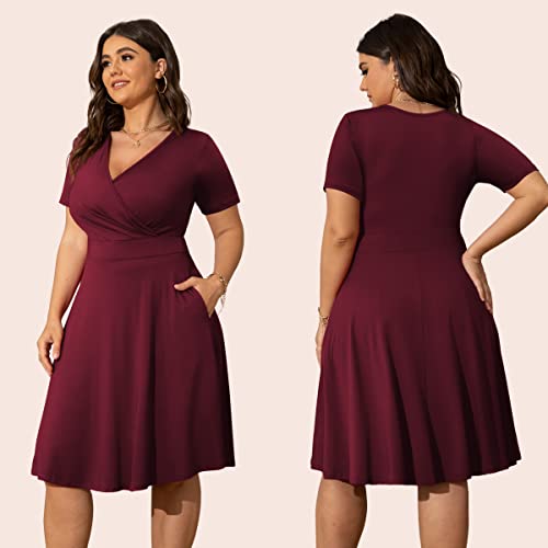 Image of POSESHE Womens Plus Size Dresses Summer Short Sleeve Wrap V-Neck Sundress Casual Wedding Guest Cocktail Dress with Pockets