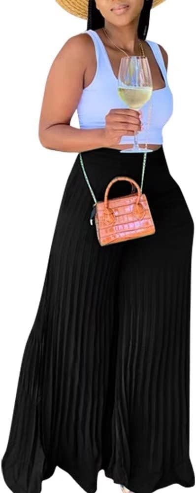 Lexiart Womens High Waisted Chiffon Loose Pleated Wide Leg Palazzo Pants - Image 3