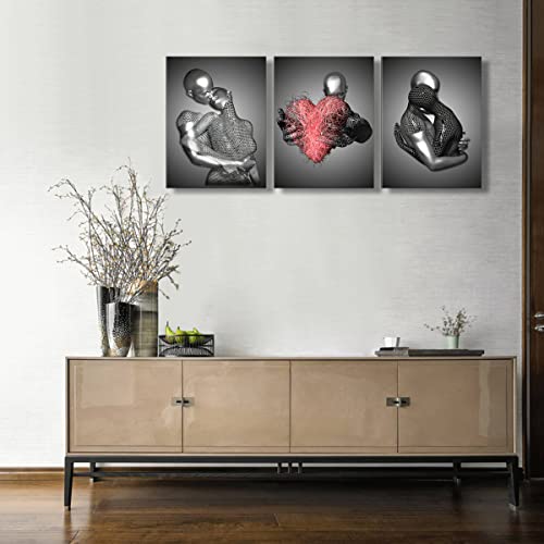 Framed 3 Pcs Love Heart 3D Wall Art Metal Sculpture Romantic Couple Abstract Art Prints Posters Decor Grey Black And White Canvas Printsfor Bedroom Living Room Bathroom Hotel Valentine's Day Ready To Hang12×16 Inch×3 #TOP4
