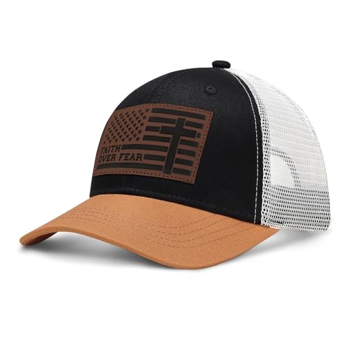 Christian US Flag Trucker Hat for Men and Women Christian Cross Hats Religious Leather Patch Adjustable Baseball Cap Gift