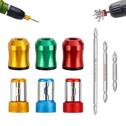Strong Magnetic Screw Holder Ring Grip Set, 6pcs Rings with 3pcs Ph2 Bits, Magnetizer for Secure Screw Grip on Hex Screwdrivers & Power Drills, Prevents Dropping for Mechanics and Carpenters