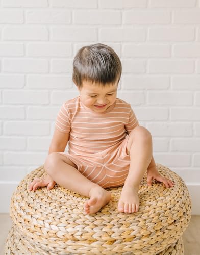 moimoln Ribbed Stripe Pajamas Viscose Snug-Fit Baby Toddler Boys Girls Sleepwear Short Blanco Camel 12-18m - Thumbnail 2