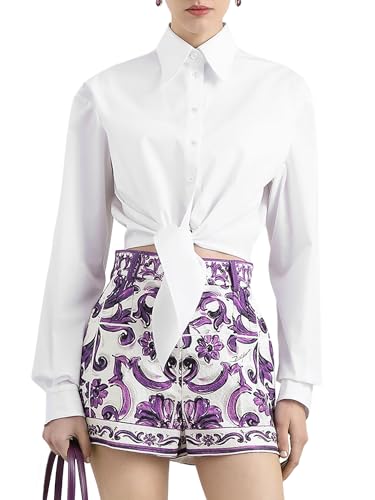 Womens Long Sleeve Button Down Shirt, Front Tie Blouse with Back Folds, Casual & Office Wear Tops (US, Alpha, Large, Regular, Regular, White)