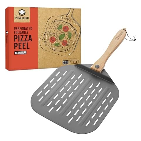 Chef Pomodoro Perforated Aluminum Metal Pizza Peel with Foldable Wood Handle for Easy Storage, Premium Pizza Paddle with Holes for Baking Homemade Pizza and Artisan Breads (12 inch) Cover