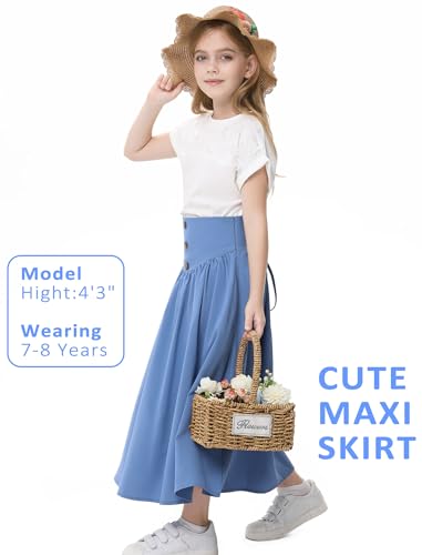 Image of Girl Maxi Skirt Elastic High Waist A-Line Long Skirt Smocked Waistband with Drawstring and Pockets 3-12 Years