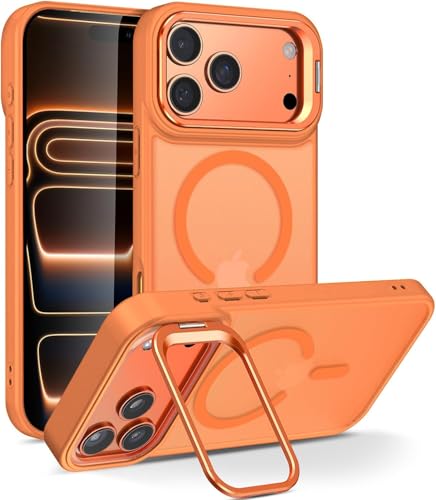 Image of Elzzi for iPhone 17 Pro Max Case Compatible with MagSafe, Built-in Adjustable Camera Guard Kickstand, Translucent Matte Anti-Fingerprint Heavy Duty Shockproof Phone Cover - Cosmic Orange