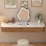 Tavolo da trucco sospeso da parete, completamente assemblato, in rovere con piano in pietra sinterizzata, scrivania angolare arrotondata multifunzionale per camera da letto (100 cm / 39.4in)