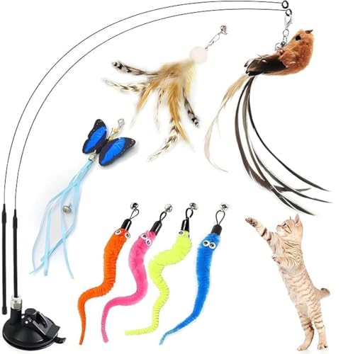 GIAPINST Juguetes de Gato de Plumas Interactivas en Interiores, 7 Juguetes Reemplazables para Gatos con Campanas, 1 Ventosa, 2 Varita Gatitos