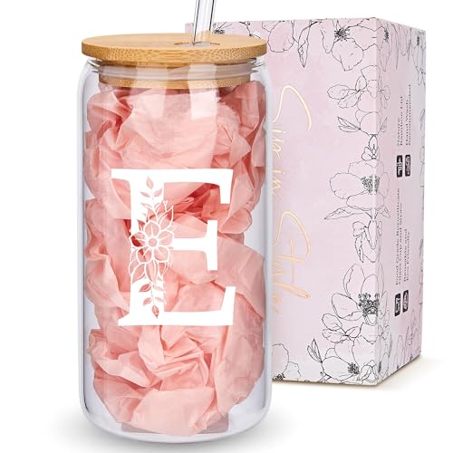 Personalized Gifts for Women, Monogrammed Glass Cups with Lids and Straws, Custom Tumbler, Cute Customized Mug, Aesthetic Stuff, Initial Iced Coffee Cup, Drinking Glasses, Birthday Teacher Gifts, E