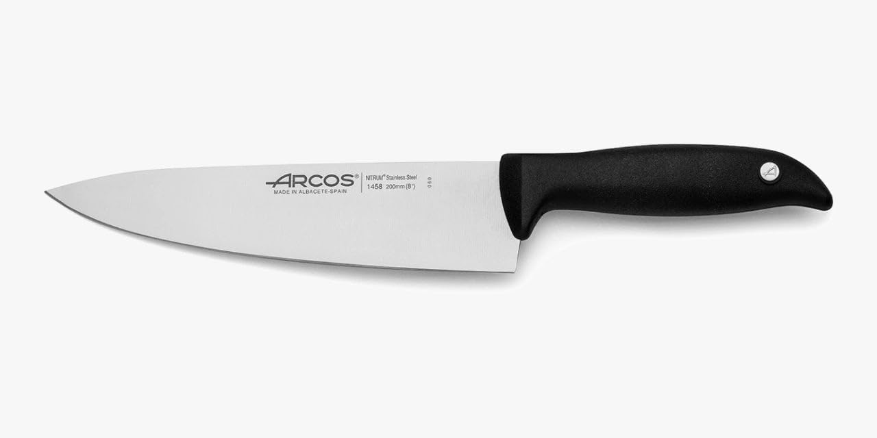 Arcos Menorca Series - Chef Knife 8'' Nitrum Stainless Steel Blade with Comfortable Black Polypropylene Handle - Innovative Design for Daily Life. Menorca Series. Color Black.