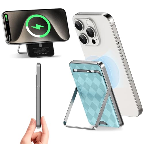 LUCKYDUO Wireless Portable Charger with Wallet/Stand 5,000 mAh,Ultra Slim Magnetic Battery Pack with Phone Holder,Compact Magnetic Power Bank Compatible with iPhone 16/15/14/13 Blue