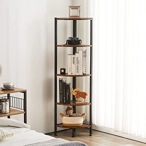 Apicizon 5 Tier Corner Shelf, Industrial Corner Bookshelf Small Bookcase Rustic Storage Rack Plant Display Stand For Living Room, Home Office, Kitchen, Small Space, Brown #TOP26