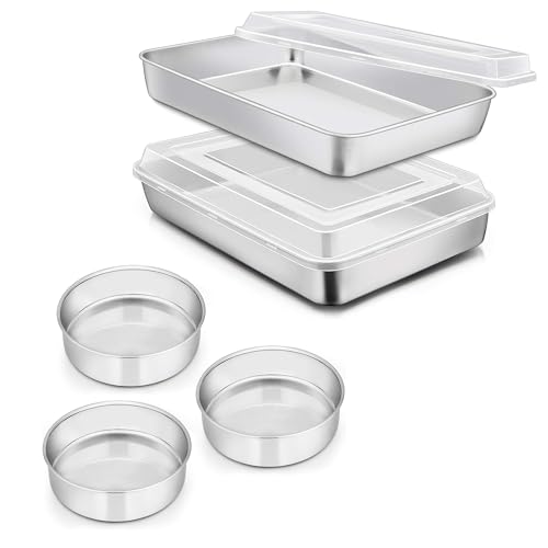 E-far E-far Stainless Steel Baking Pan with Lid and 6 Inch Cake Pan Set of 3 Bundle, 12⅓ x 9¾ x 2 Inch Rectangle Sheet Cake Pans with Covers and Round Smash Cake Tin for Brownies Casseroles, Dishw