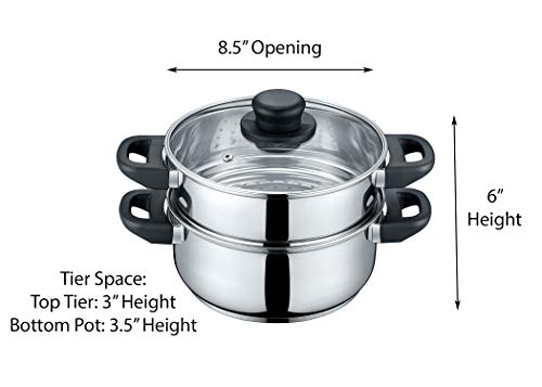 Concord 3 Quart Stainless Steel 3 Piece Steamer Cookware Set. Features 2 Quart Veggie Steamer And 3 Quart Cooking Pot With Tempered Glass Lid. (Induction Compatible) #TOP2