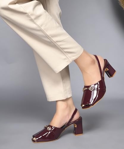 Image of JM LOOKS Sophisticated Patent Finish Block Heel Sandals with Elegant Metallic Horsebit Detail and Secure Slingback Strap