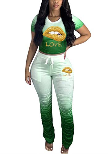 Conjunto deportivo casual de 2 piezas con estampado de labios de talla grande, sin botones, parte superior fruncida, parte inferior acampanada, conjunto de ropa de descanso, color verde, Verde, M