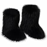 QMFUR Women's Furry Faux Fur Boots Fuzzy Fluffy Mid Calf Snow Boots Suede Warm Fur Lined Booties Flat Fashion Boots (Black 1, 8)