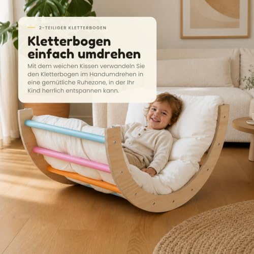 Foto von Dastium Kids Klettergerüst 6-in-1 Holz Pastellfarben | Pikler Kletterdreieck, Kletterbogen, Rutsche & Kissen | Zusammenklappbar | Montessori Spielzeug 1-5 Jahre