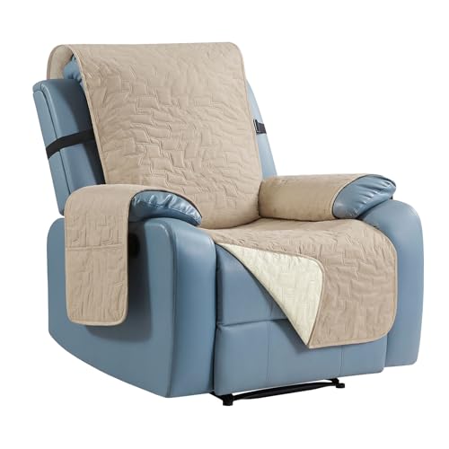 CUCRAF Non Slip Quilted Sofa Cover, Water Resistant Slipcover Furniture Protector for 1 Cushion Sofa Pet Friendly, Washable Couch Cover with Adjustable Elastic Straps (Medium Recliner, Beige)