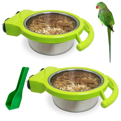 BNOSDM 2 PCS Stainless Steel Bird Bowls Bird Feeding Dish Water Cups Perch Stand Hanging Parakeet Food Container Food and Water Bowls with Spoon for Budgie Cockatoo Finch Lovebirds (Green)
