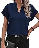 BTFBM Womens Summer Tops 2025 V Neck Short Sleeve Tshirt Loose Flowy Tunics Solid Color Dressy Casual Blouse Shirts(Navy, Large)