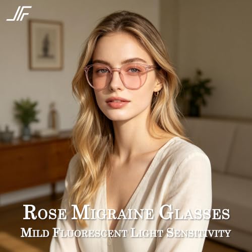 Image of Indoor FL-Flex Round Tinted Blue Light Blocking Glasses for Migraine, Fluorescent Light Sensitivity, Photophobia & LED Gaming Computer Screen Glare RF6213 (Light Rose Lens Pink Frame)