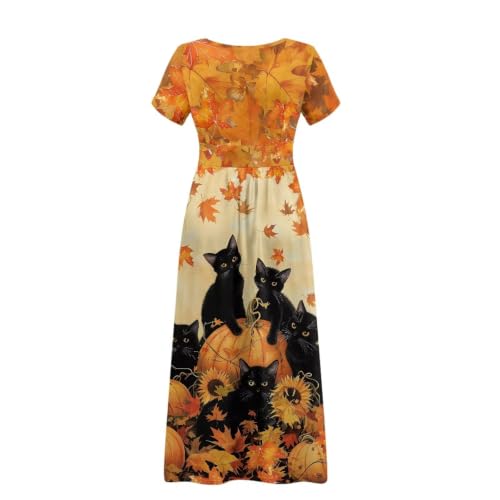 Image of Women's Fall Summer Short Sleeve Ankle Length V-Neck Party Dress with Pockets Size S-3XL