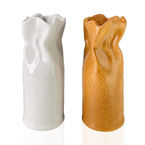 VERA KLINT Ceramic Vase Set - 7x3 inch Flower Vase Set of 2 for Rustic Farmhouse Decor, Boho Style Accents, Living Room Shelf Decoration, Handcrafted Housewarming Gift (White and Camel Gold)