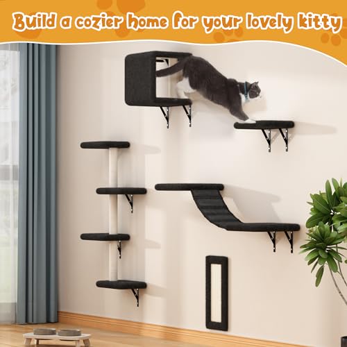 COZIVVOVV 5 Pcs Wall-Mounted Climber Set, Wood Indoor with Shelves and Perches, Ladder, Condo House, Scratching Board and Tree, Wall Shelves Furniture for Cats (Black)