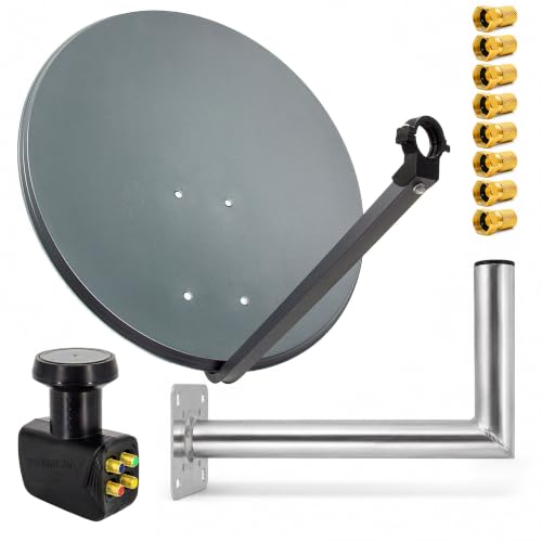 PremiumX Satelliten-Komplettanlage 80cm Satellitenantenne Anthrazit Satellitenschüssel Quad LNB...