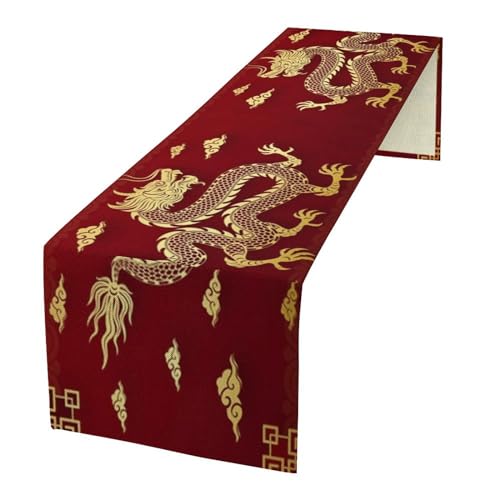 JanJCurt Chinese Dragon Table Runner, Happy Chinese New Year Asian Golden Dragon Cloud Print Table Runner for Home Party Kitchen Dining Table Decor, 13x60inch