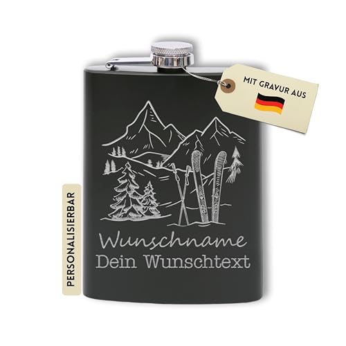 Flanacom Flachmann mit Gravur aus Edelstahl inkl. Trichter 227ml / 8oz Ski Fahrer Alkohol Geschenke für Männer Flachmann Personalisiert mit Wunschgravur (Design 1 Schwarz)