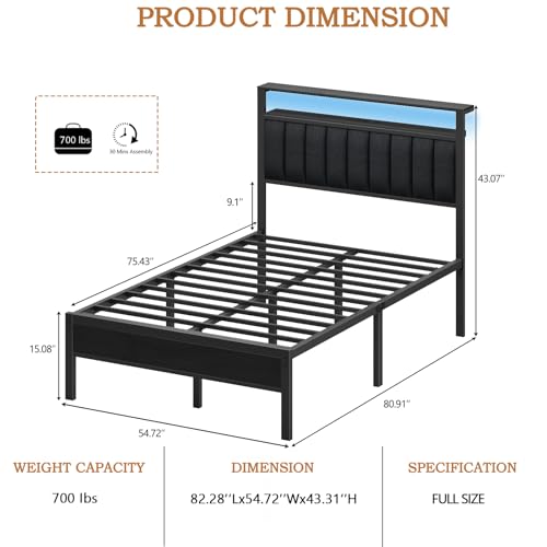 Image of Furnulem Full Size Bed Frame with Charging Station and LED Lights, Platform Bed with Metal Slats, Grey Upholstered Headboard with 2-Tier Storage Shelves, No Box Spring Needed