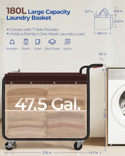 Image of Kayfia 180L Rolling Laundry Hamper, Laundry Basket with Wheels, Black