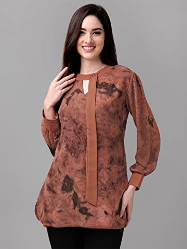 Image of Gufrina Women's Georgette Apple Cut Short Kurti with Long Puff Sleeves Western Style Keyhole Neck Solid Pattern Regular Fit and Mid Thigh Length