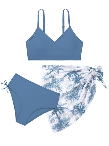 Teen Girls Swimsuit 3 Piece V-Neck Color Block Floral Print Bikini Set with Cover Up Skirt Swimwear Bathing Suits 9-16Y