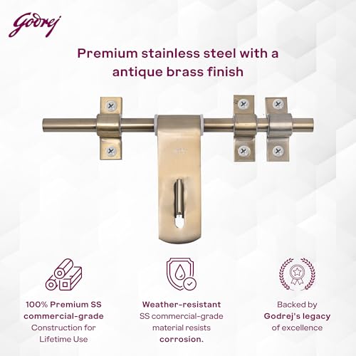 Image of Godrej Door Fittings | Aldrop for Main Door (10 inch, Antique Brass) | Premium SS Latch /Kadi for Left or Right Handed-Doors | Aldrops for Double Doors, Home, Bedroom, Puja Room | Size 250 X 14 mm