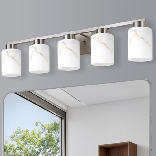 Mieloxiy 5-Light Bathroom Light Fixtures, Modern Vanity Lights, Brushed Nickel Metal Wall Lamp with White Marble Glass for Bathroom, Mirror, Living Room, Bedroom, Cabinet, Porch, Hallway, E26 Base